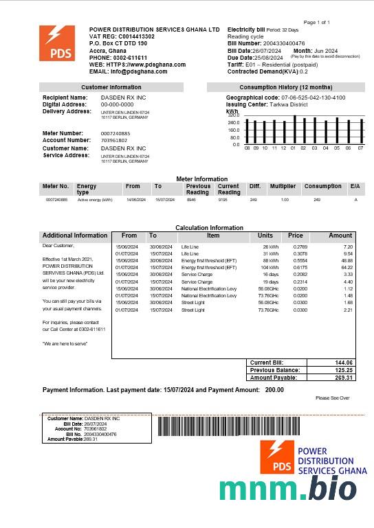 Ghana PDS electricity rachunek za usługi komunalne szablon w formacie Word i PDF